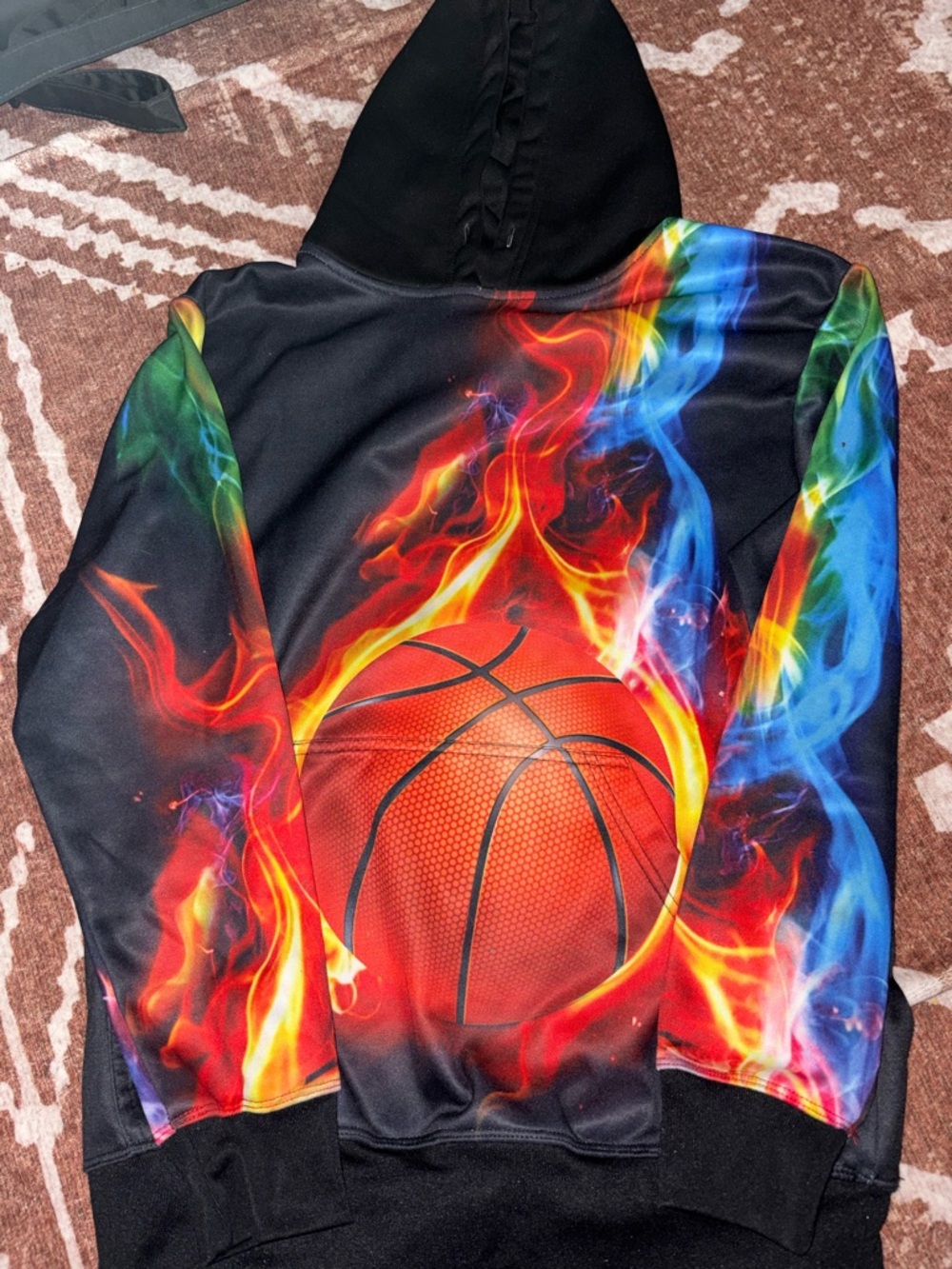 Flaming Basketball Graphic Hoodie - Black with Red, Blue & Green Flames
